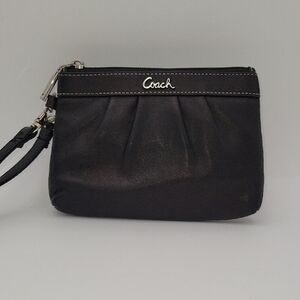 Coach Black Leather Pleated Wristlet with Logo